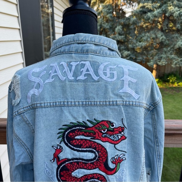 Carbon Savage Denim Jean Jacket Adult XL X-Large Embroidered Dragon Roses - Picture 11 of 14